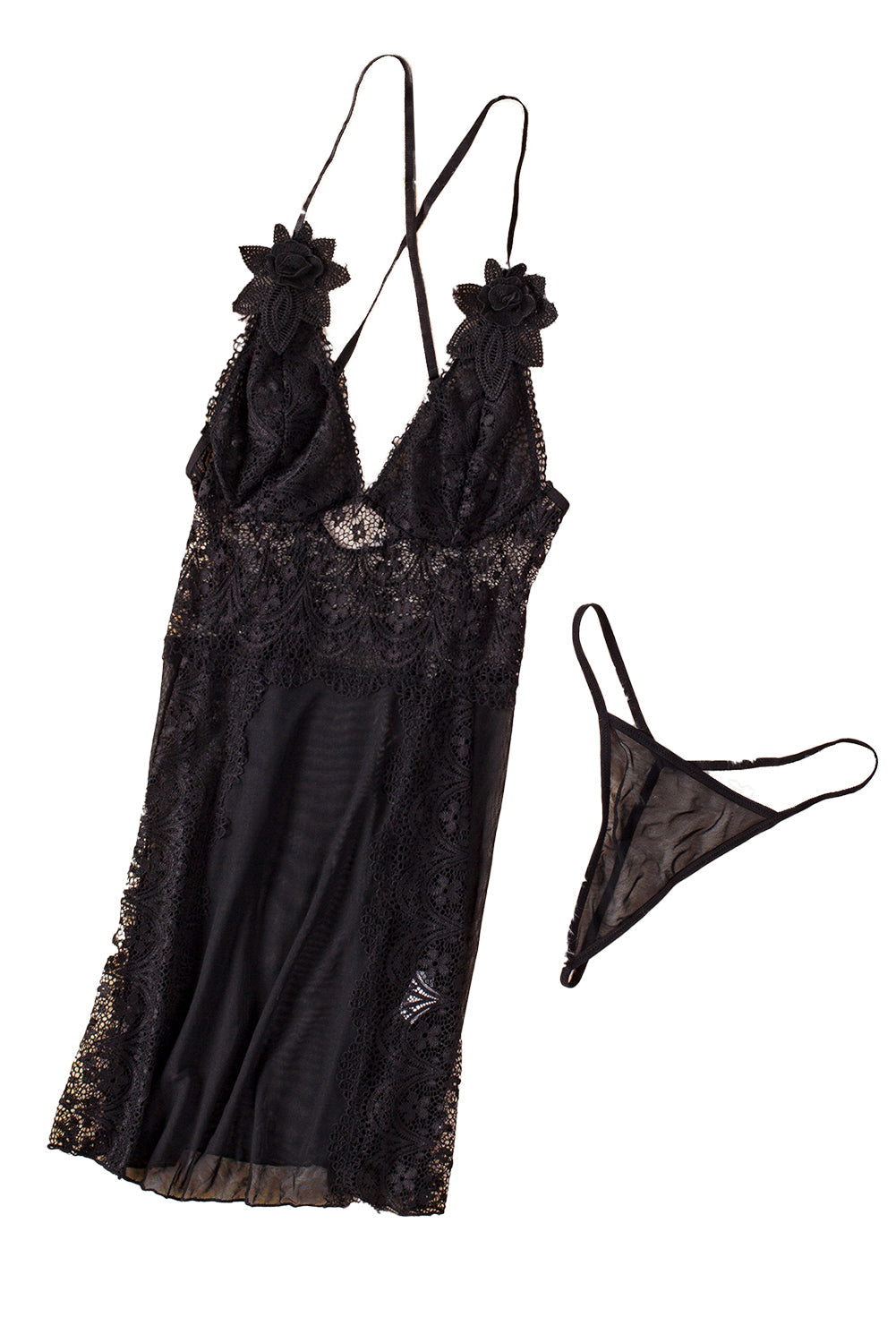 Floral Lace Spaghetti Strap Scalloped V-Neck Vertical Lace Panel Babydoll Gown 92