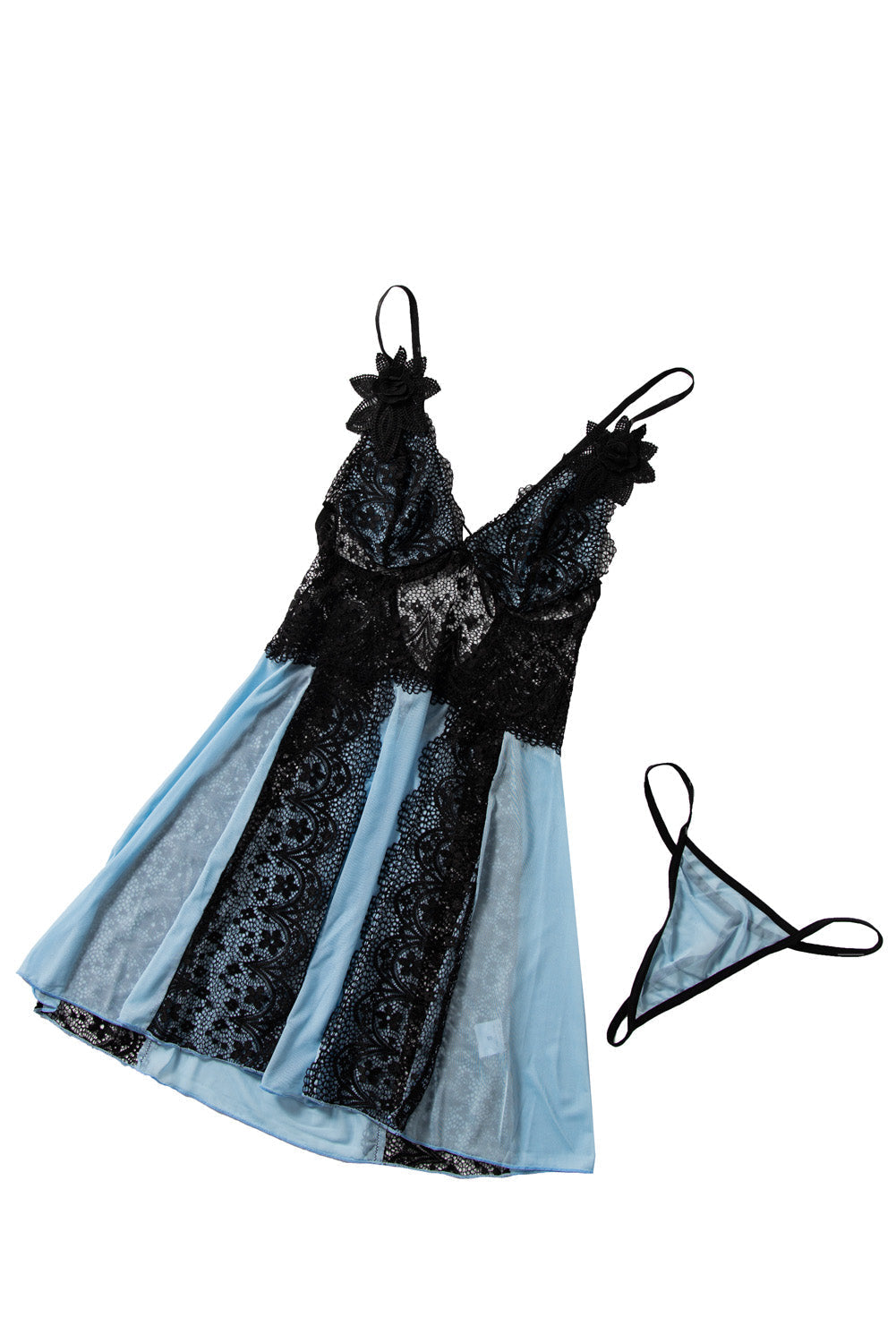 Floral Lace Spaghetti Strap Scalloped V-Neck Vertical Lace Panel Babydoll Gown 75