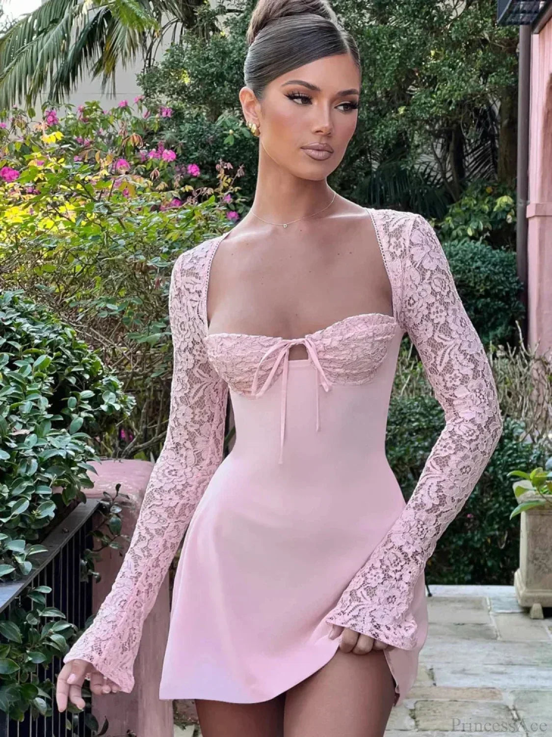 Lace Patchwork Long Sleeve Mini Dress - View 5