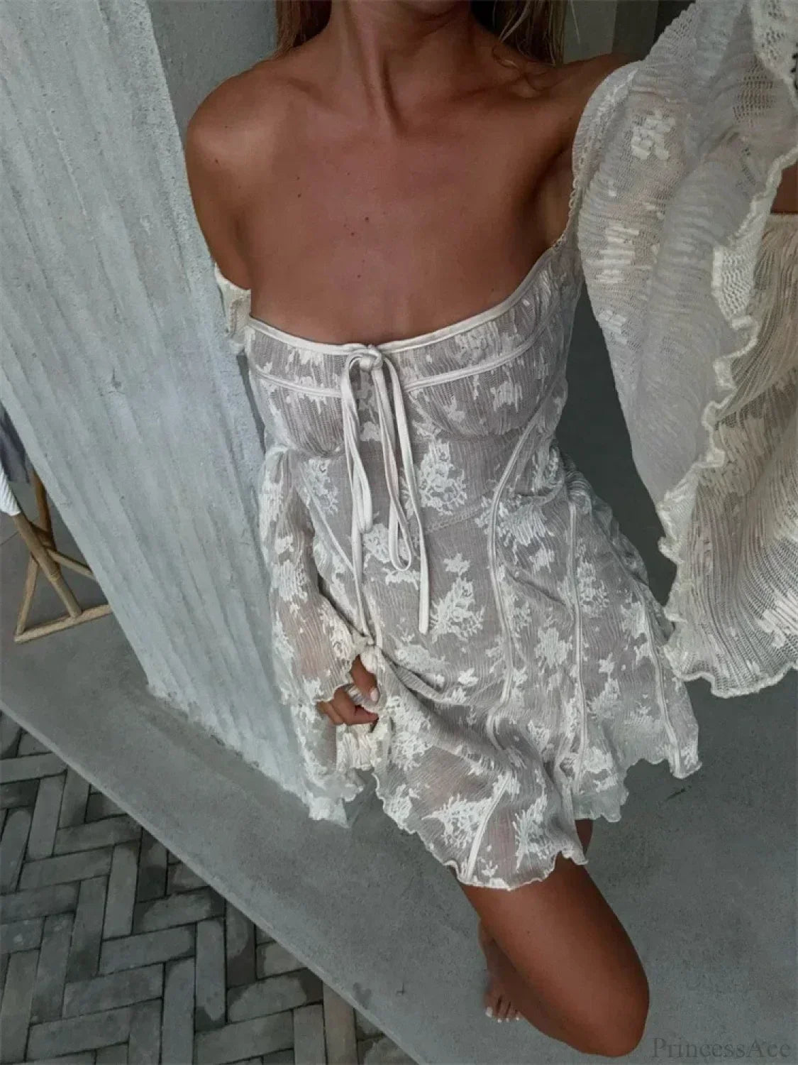 Lace Square Collar See-Through Mini Dress