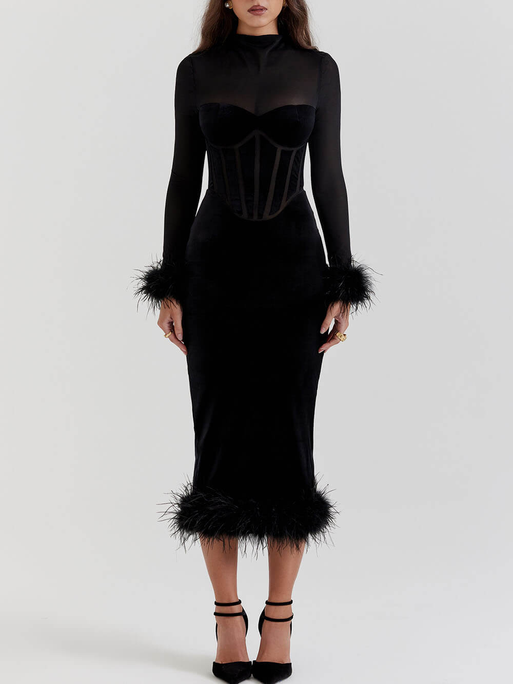 Elegance in Velvet Black Velvet Midi Dress - View 3