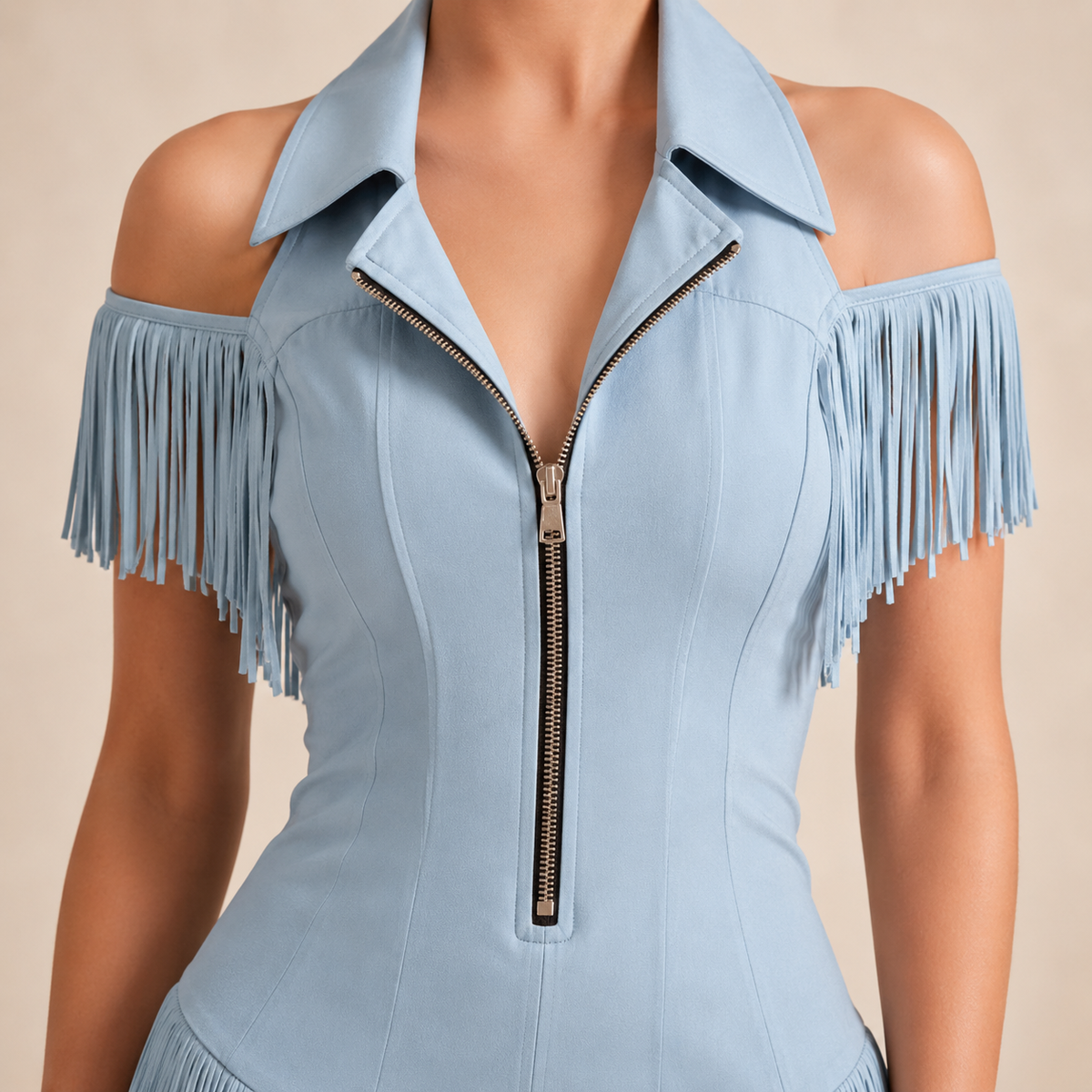 Suede Cold Shoulder Zip Front Fringe Mini Dress 22