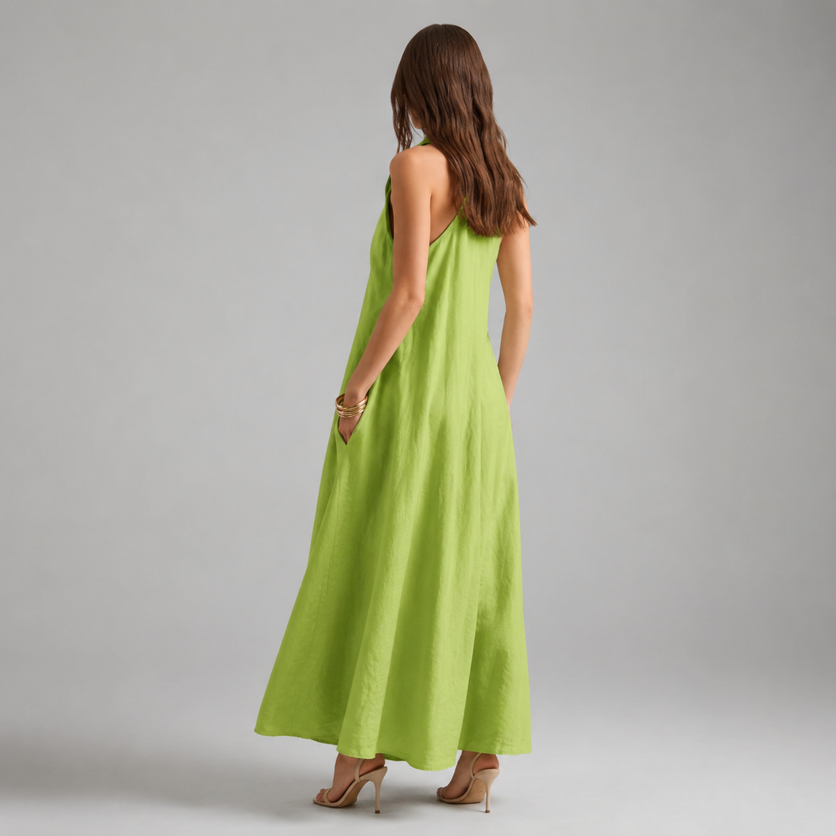 Halter V-Neck Sleeveless A-Line Linen Maxi Dress 6