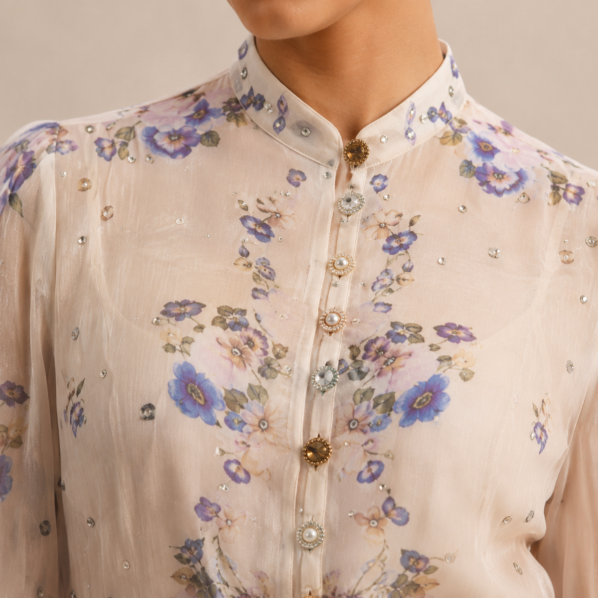 Floral High Neck Long Sleeve Belted Sheer Mini Dress 11