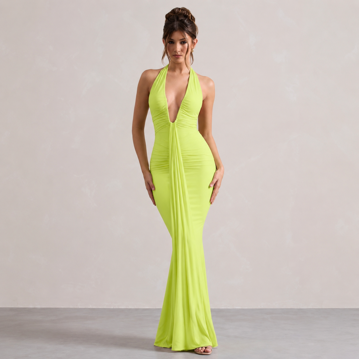 Plunge Halter Neck Ruched Draped Mermaid Maxi Gown 13