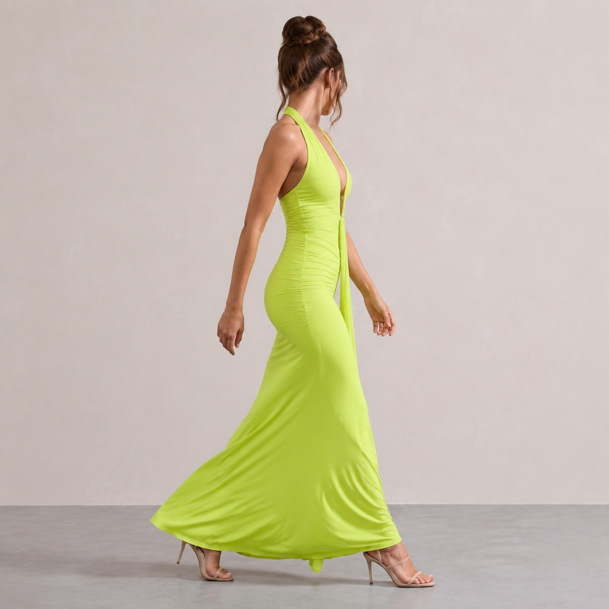 Plunge Halter Neck Ruched Draped Mermaid Maxi Gown 16