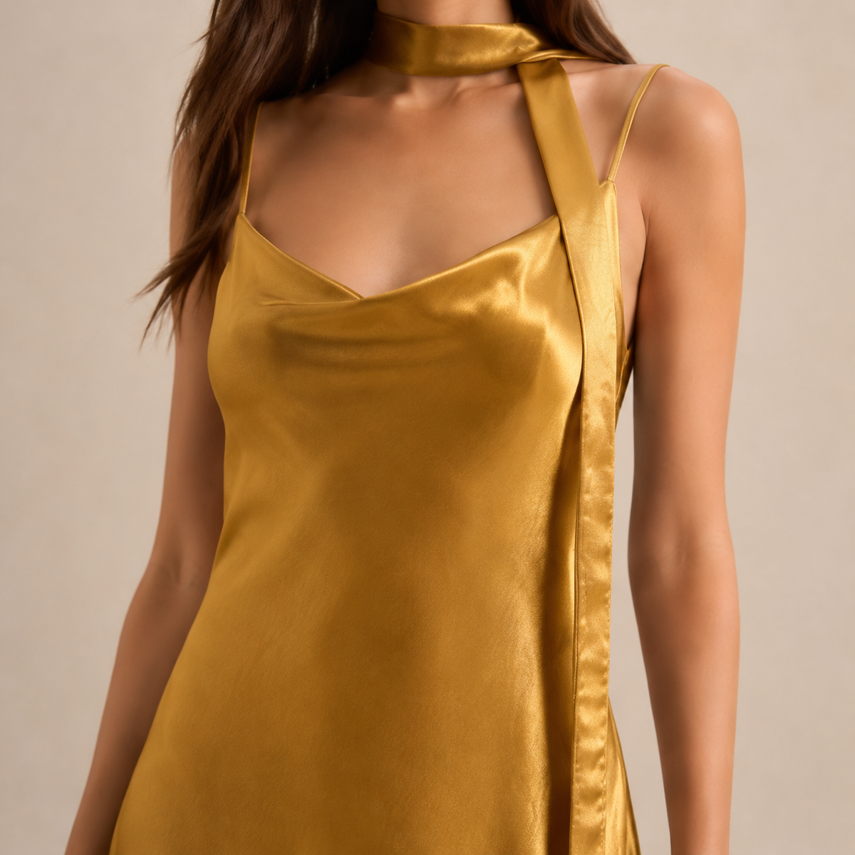 Scarf Neck V-Neck Satin Bias Slip Maxi Dress 22