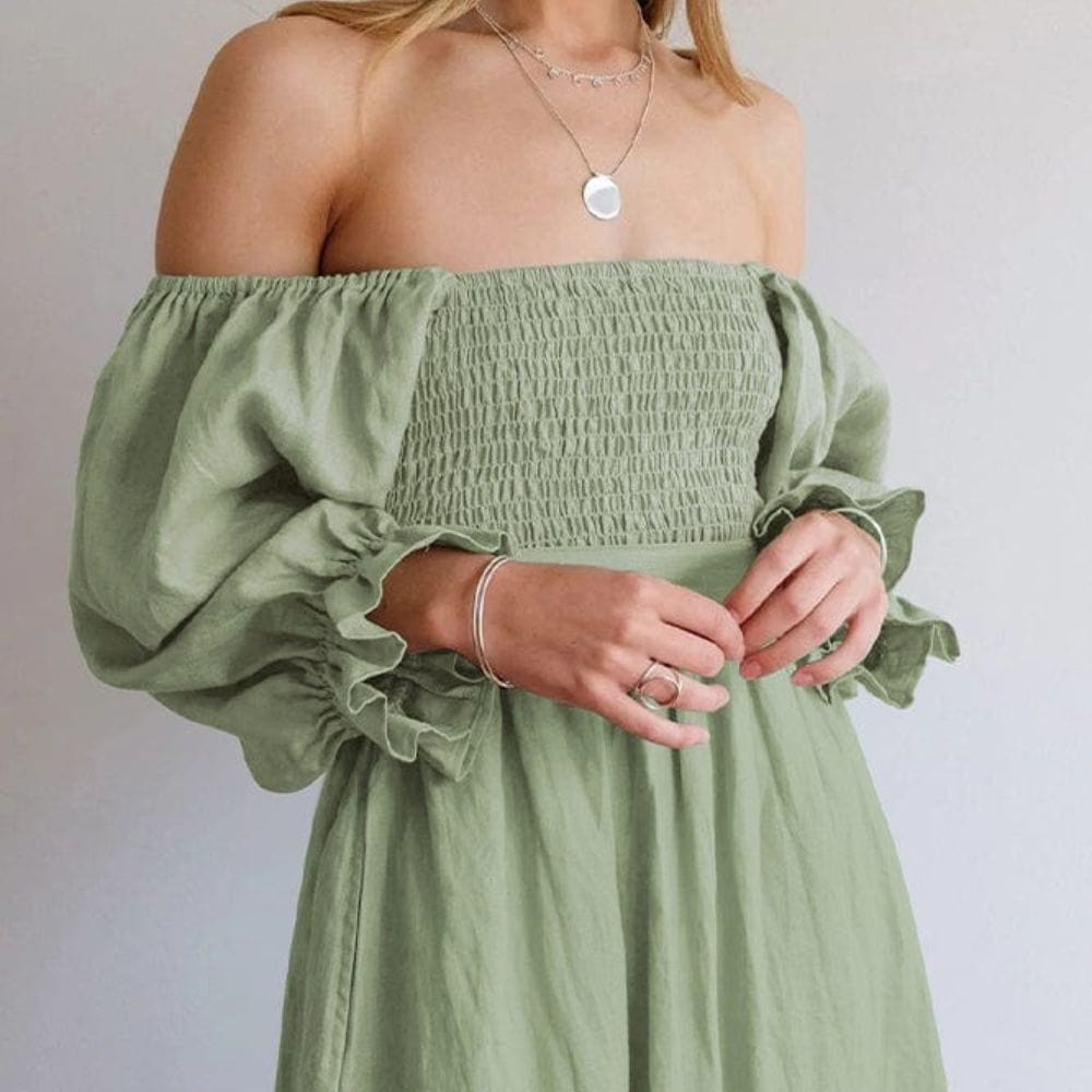 Smocked Off Shoulder Puff Sleeve Ruffle Cuff Flowy Summer Midi Dress