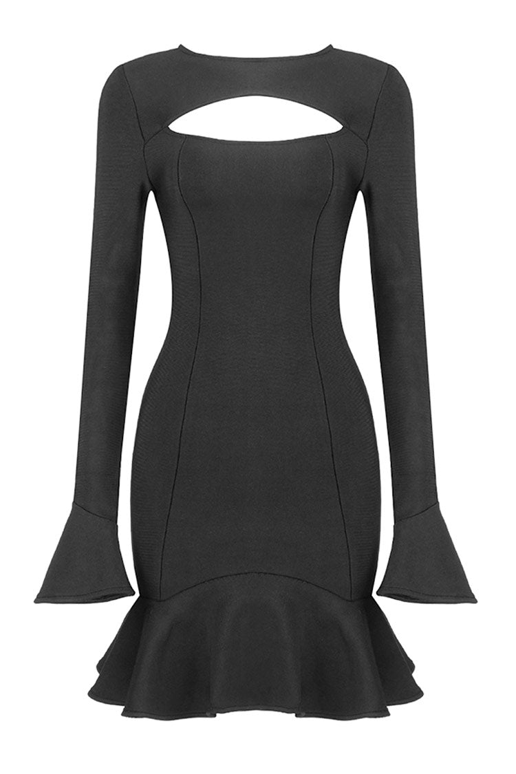 Long Sleeve Cutout Front Ruffle Hem Bandage Mini Dress - Black - View 3