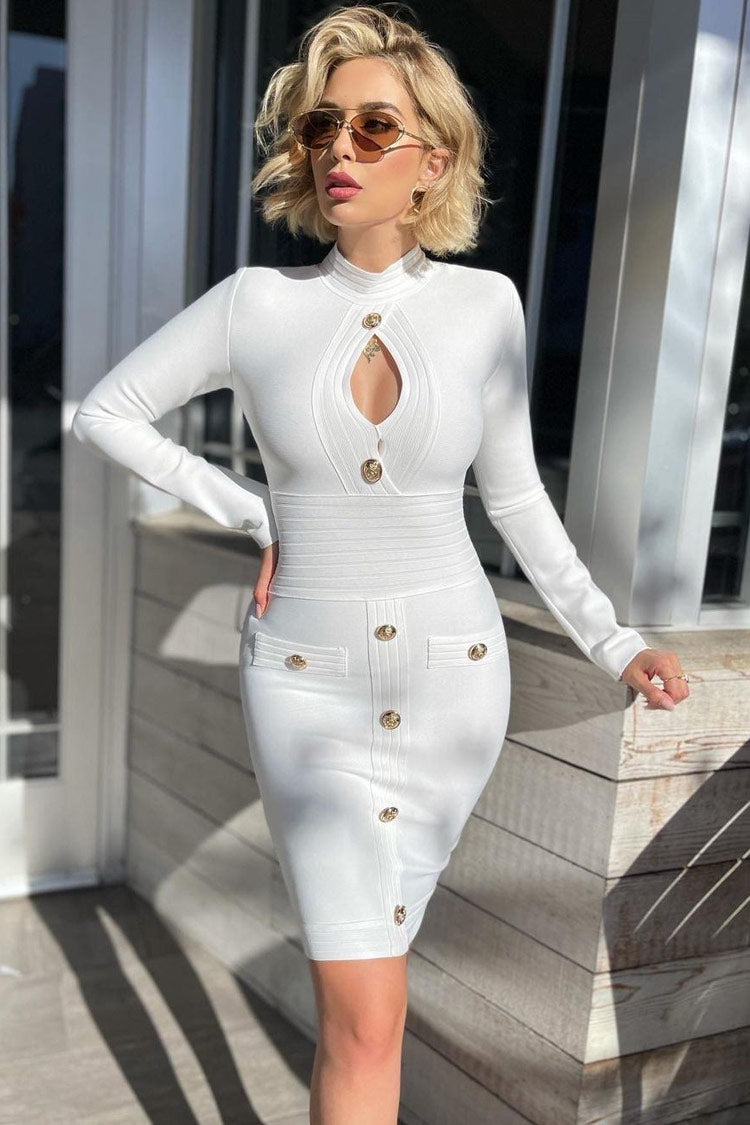 Long Sleeve High Neck Buttoned Front Cutout Bandage Midi Dress - White - View 2