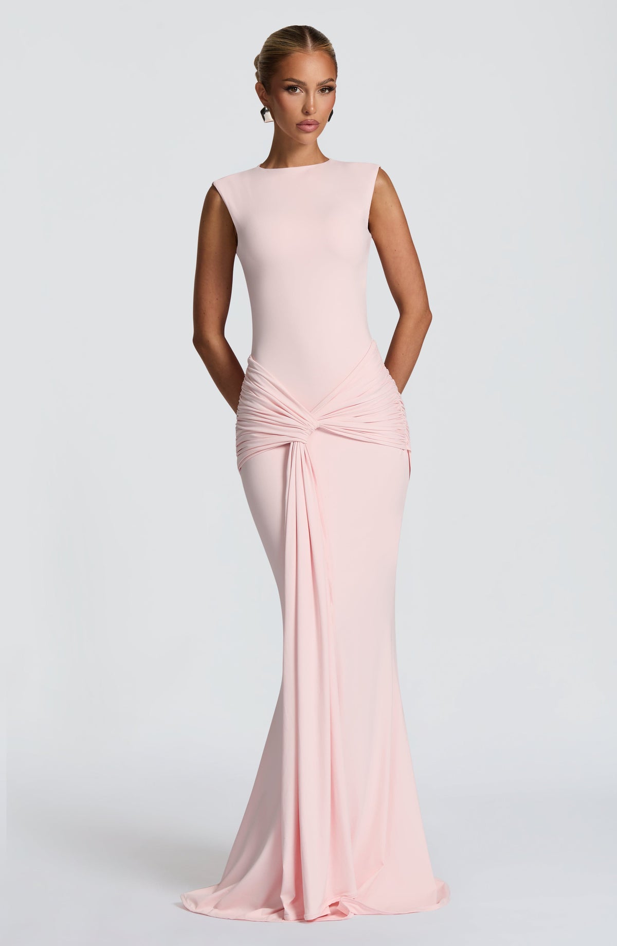 Boat Neck Ruched Twist Front Mermaid Maxi Gown 13