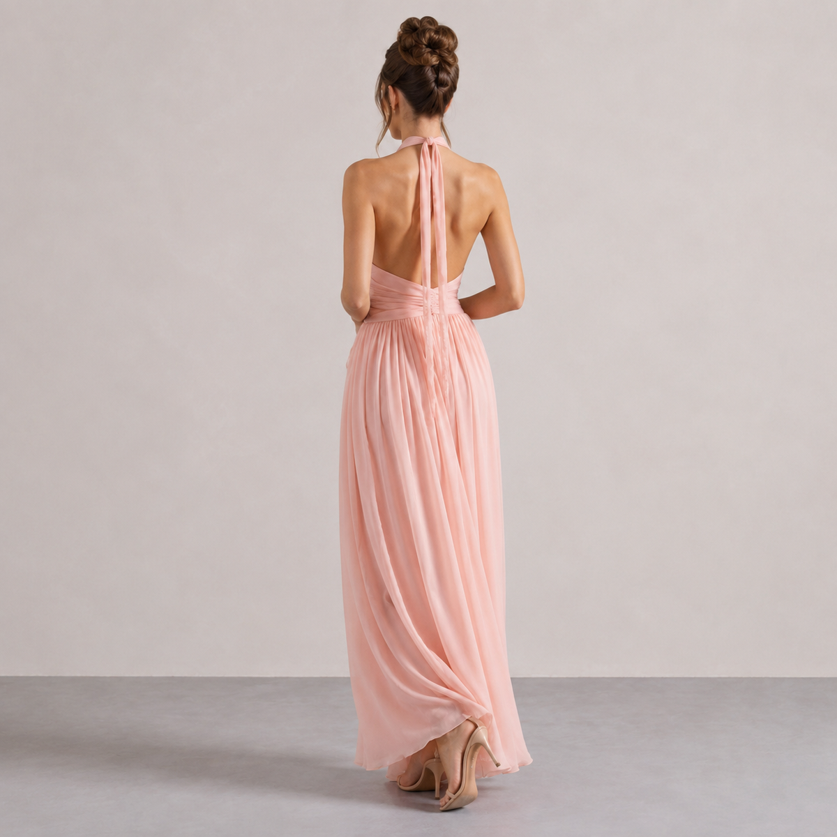 Ruffle Halter Deep V-Neck Rosette High Low Chiffon Maxi Dress 9