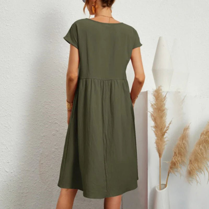 Round Neck Short Sleeve Smock Pocket Midi Dress - View 6