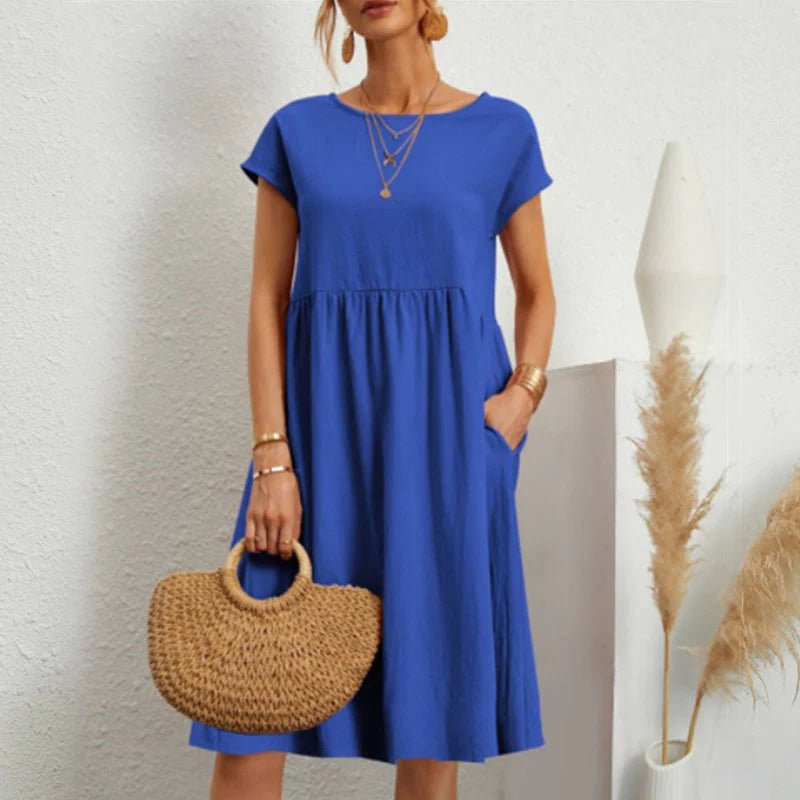 Round Neck Short Sleeve Smock Pocket Midi Dress - View 9