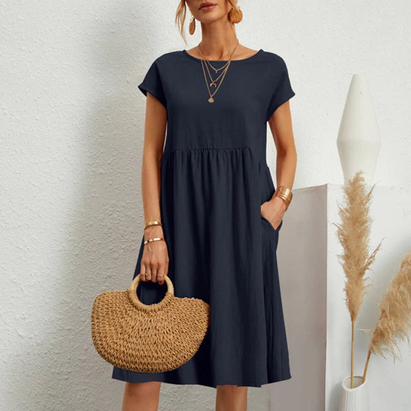 Round Neck Short Sleeve Smock Pocket Midi Dress - View 12