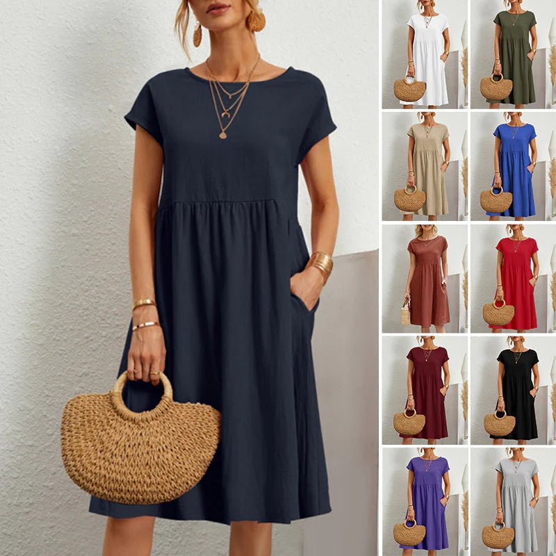 Round Neck Short Sleeve Smock Pocket Midi Dress