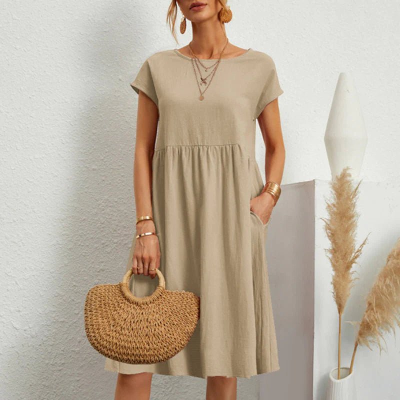 Round Neck Short Sleeve Smock Pocket Midi Dress - View 7