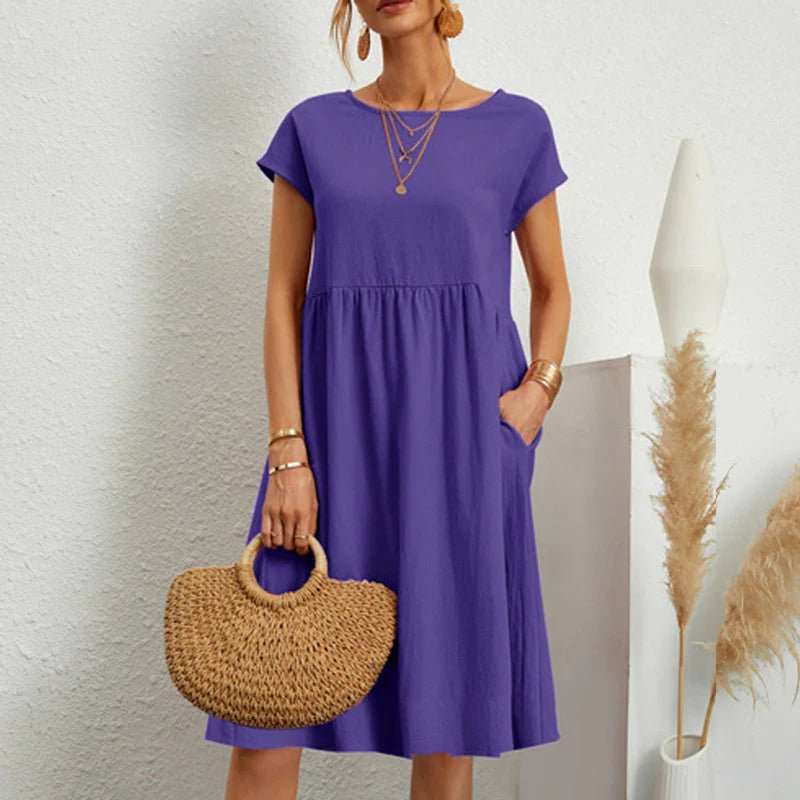 Round Neck Short Sleeve Smock Pocket Midi Dress - View 11
