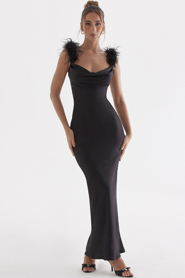 Cowl Neck Furry Sleeveless Fishtail Evening Maxi Dress - Black - View 3