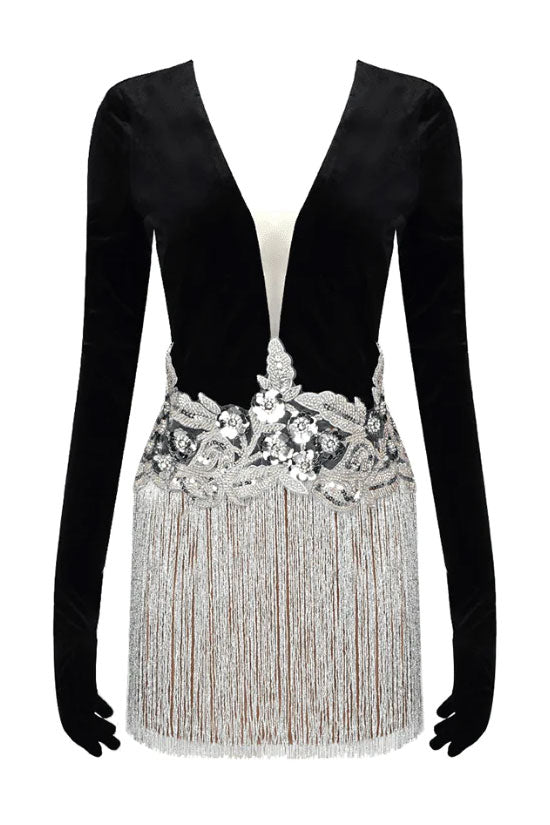 Deep V-Neck Long Sleeve Sequin Fringe Bodycon Mini Party Dress - View 5