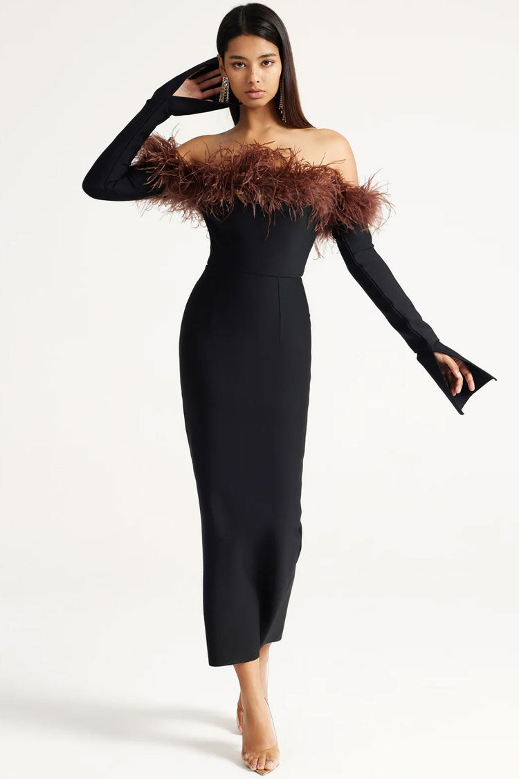 Feather Trim Off Shoulder Split Cocktail Midi Dress - Black