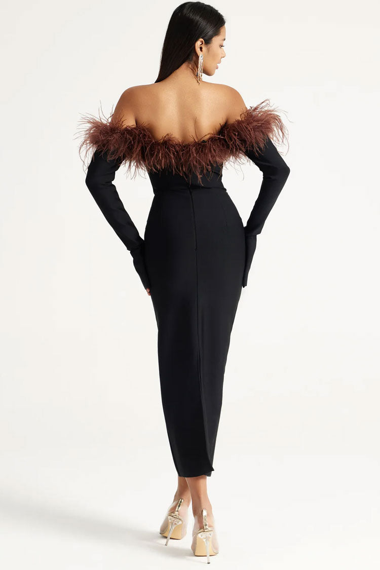 Feather Trim Off Shoulder Split Cocktail Midi Dress - Black - View 2