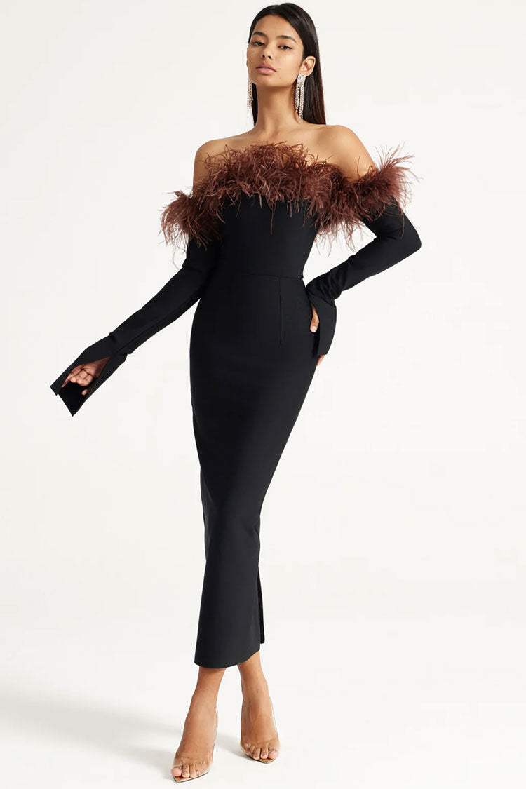 Feather Trim Off Shoulder Split Cocktail Midi Dress - Black - View 3