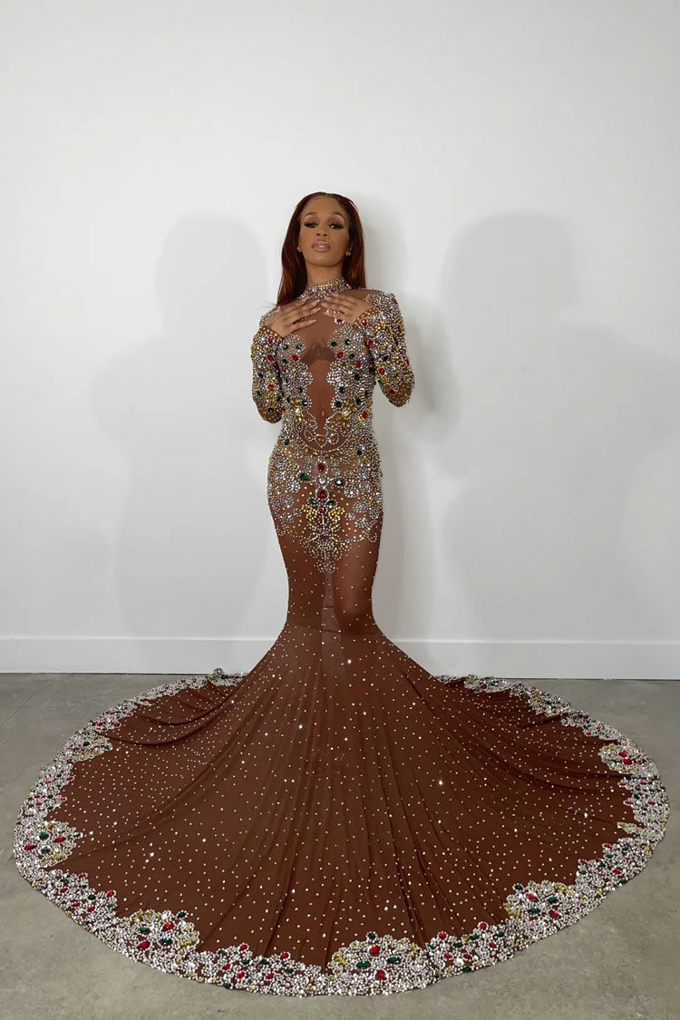Rhinestone Long Sleeve Mesh High Neck Formal Maxi Gown in Brown - View 2