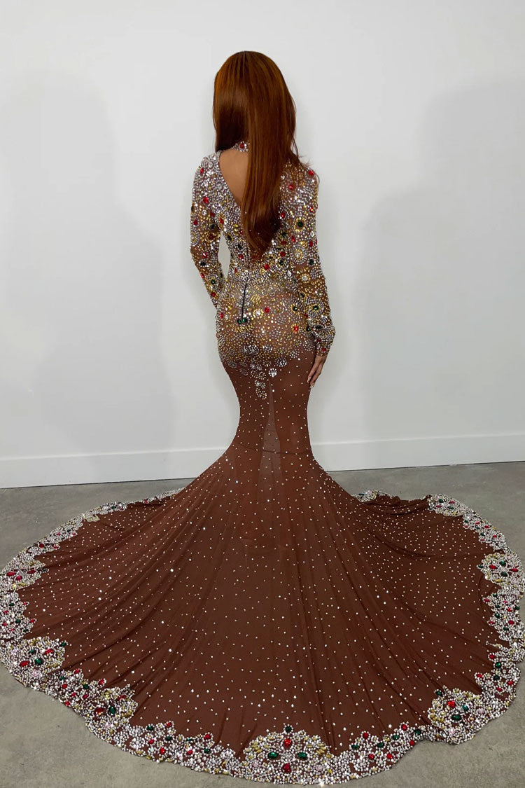 Rhinestone Long Sleeve Mesh High Neck Formal Maxi Gown in Brown - View 3