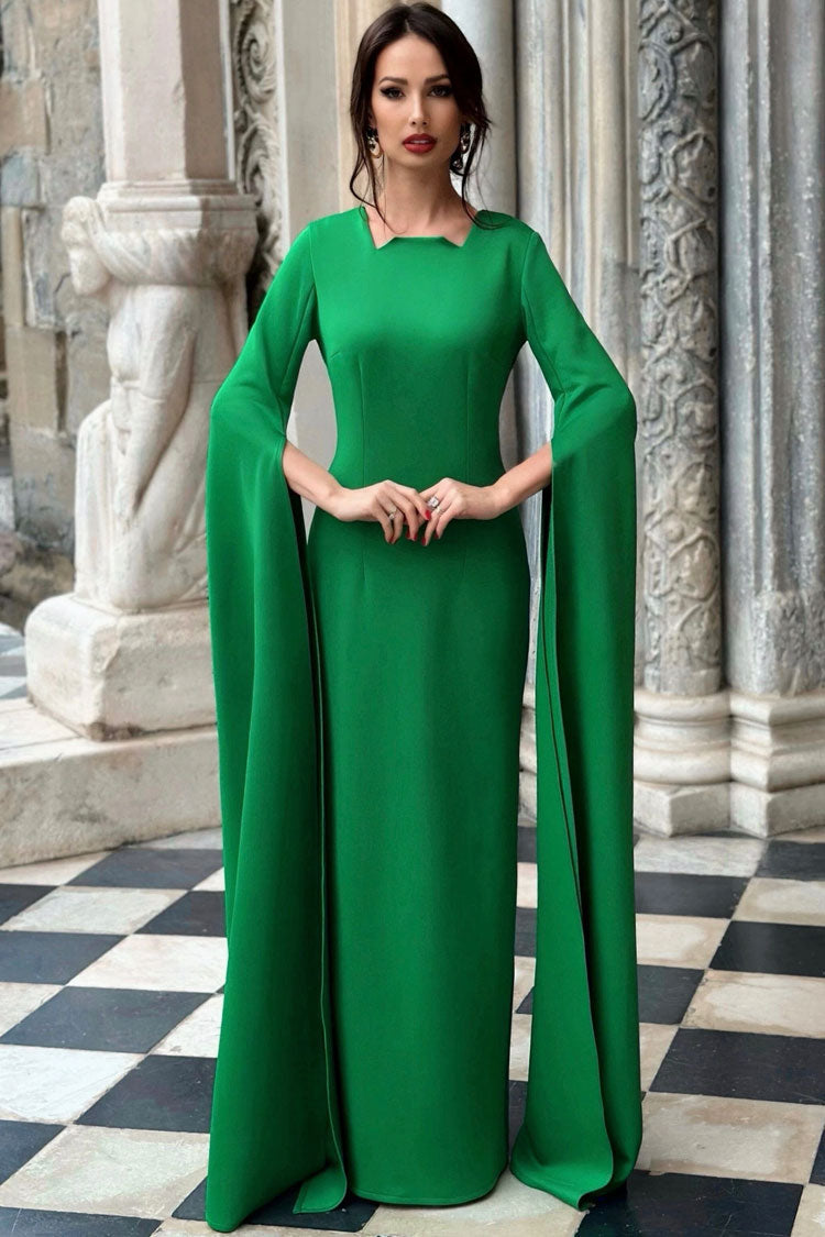 Notched Neck Cape Sleeve Crepe Column Maxi Gown