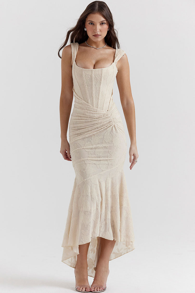 Floral Square Neck Corset Ruched Fishtail High Low Maxi Dress - View 2
