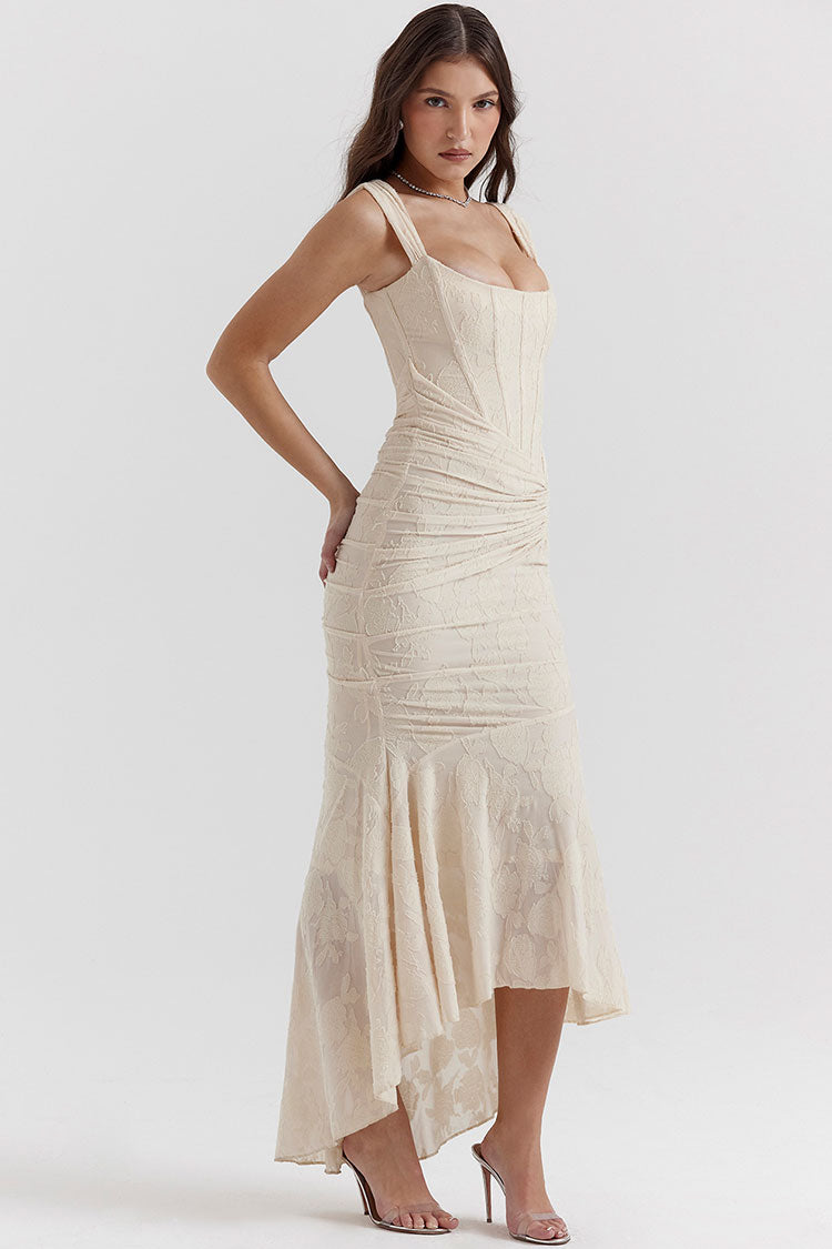 Floral Square Neck Corset Ruched Fishtail High Low Maxi Dress - View 3