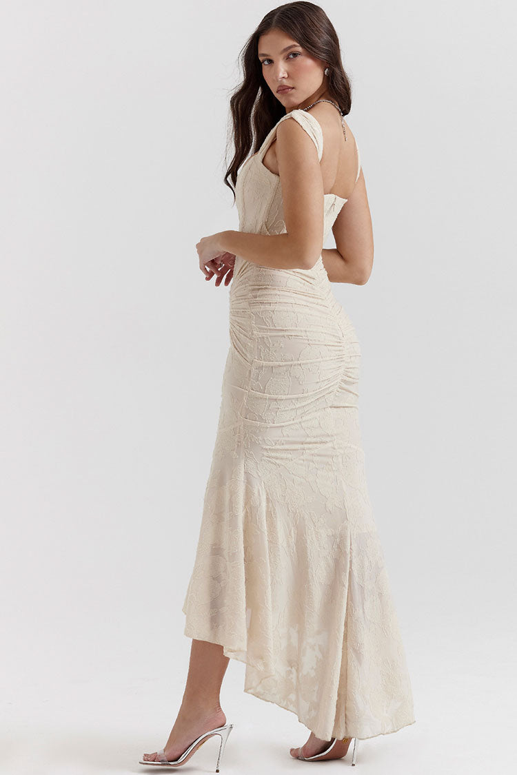 Floral Square Neck Corset Ruched Fishtail High Low Maxi Dress - View 4