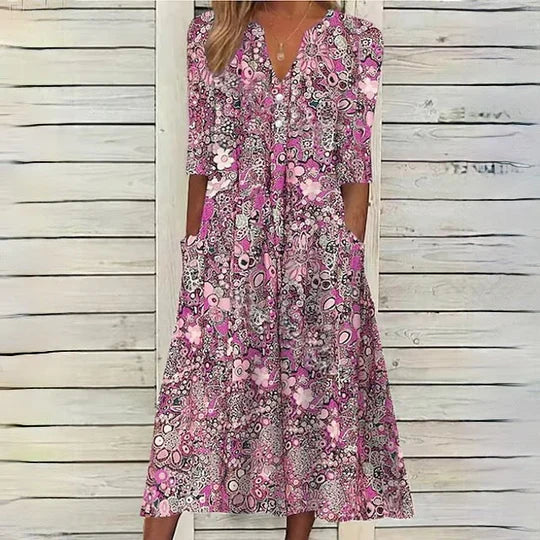 Floral V-Neck Button Front Pocket Tiered Midi Dress - View 3