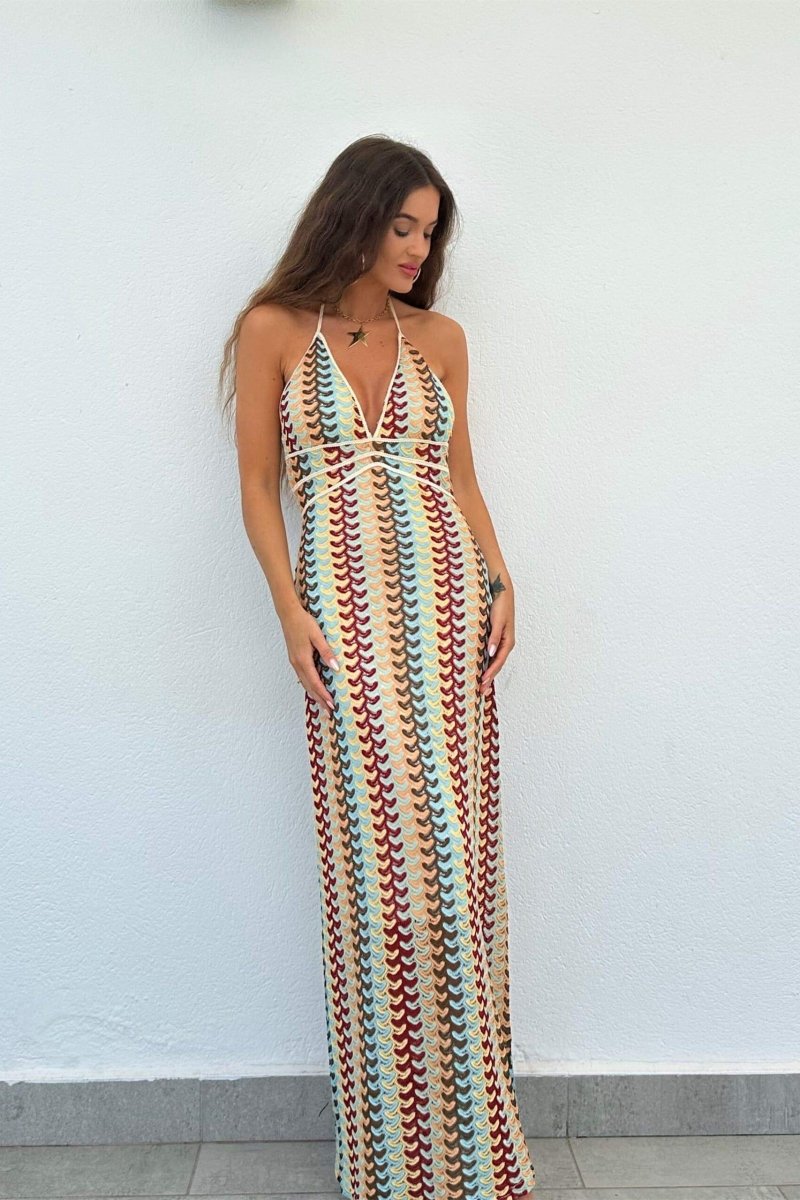 Crochet Halter Neck Deep V-Neck Zigzag Empire Waist Maxi Dress - View 7