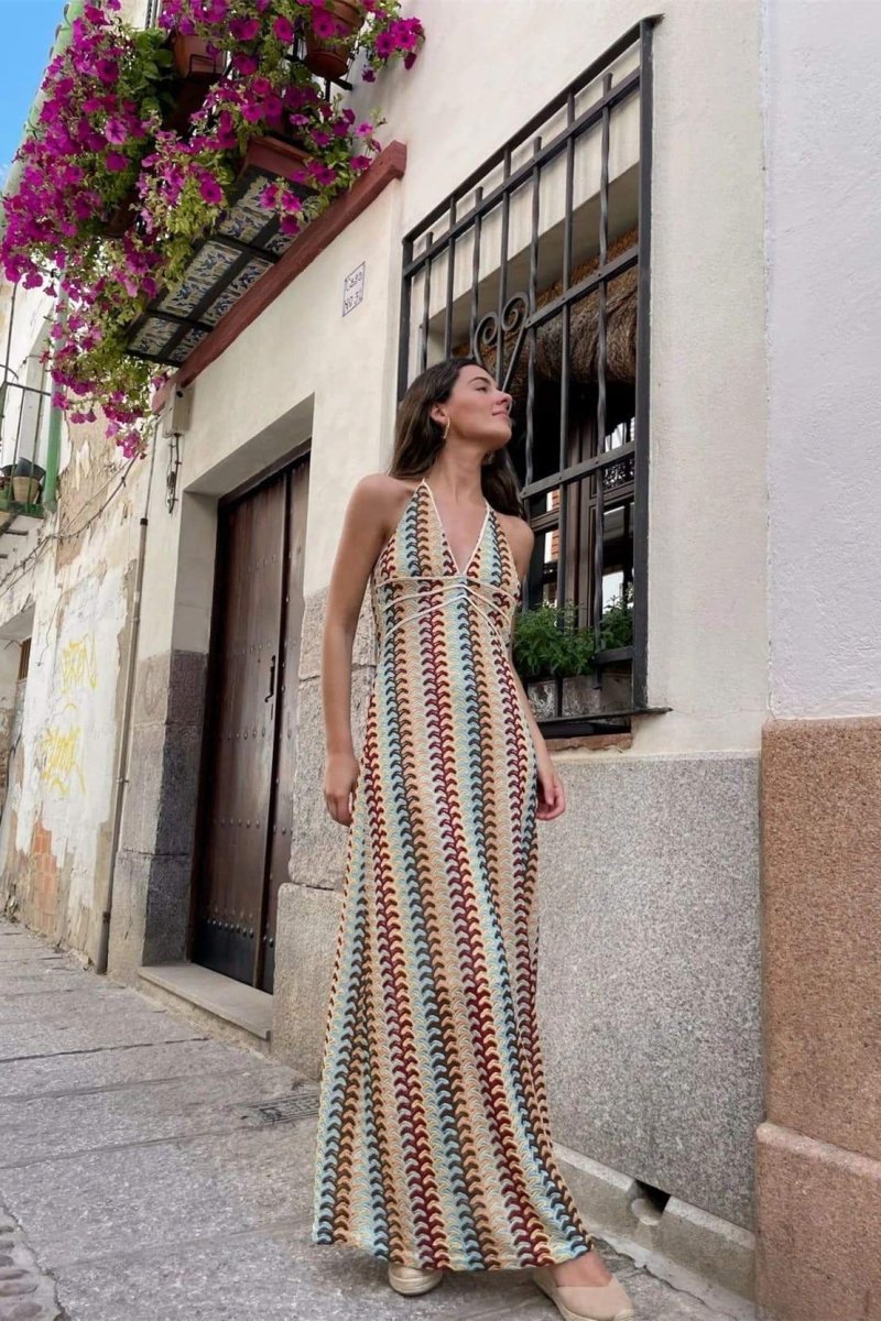 Crochet Halter Neck Deep V-Neck Zigzag Empire Waist Maxi Dress - View 4