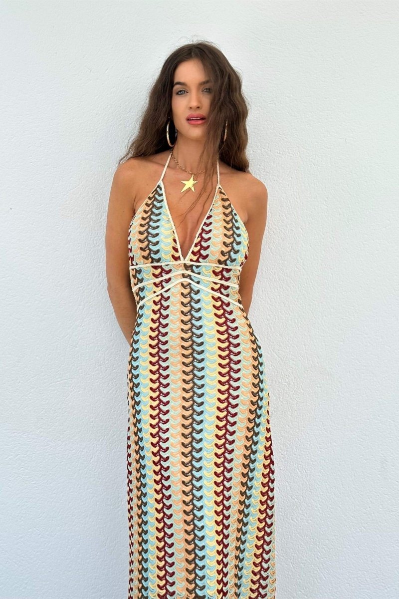 Crochet Halter Neck Deep V-Neck Zigzag Empire Waist Maxi Dress