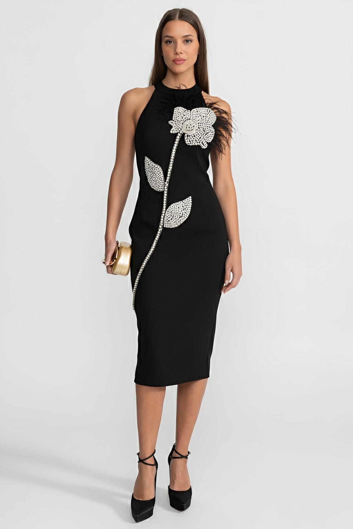 Floral Embellished Midi Dress With Feather Detailing – Black
