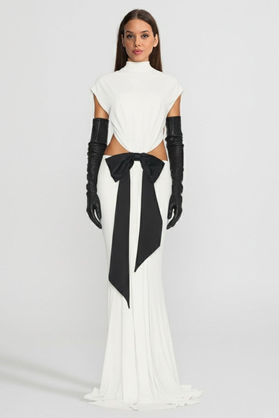 Mock Neck Cut Out Bow Draped Column Maxi Gown