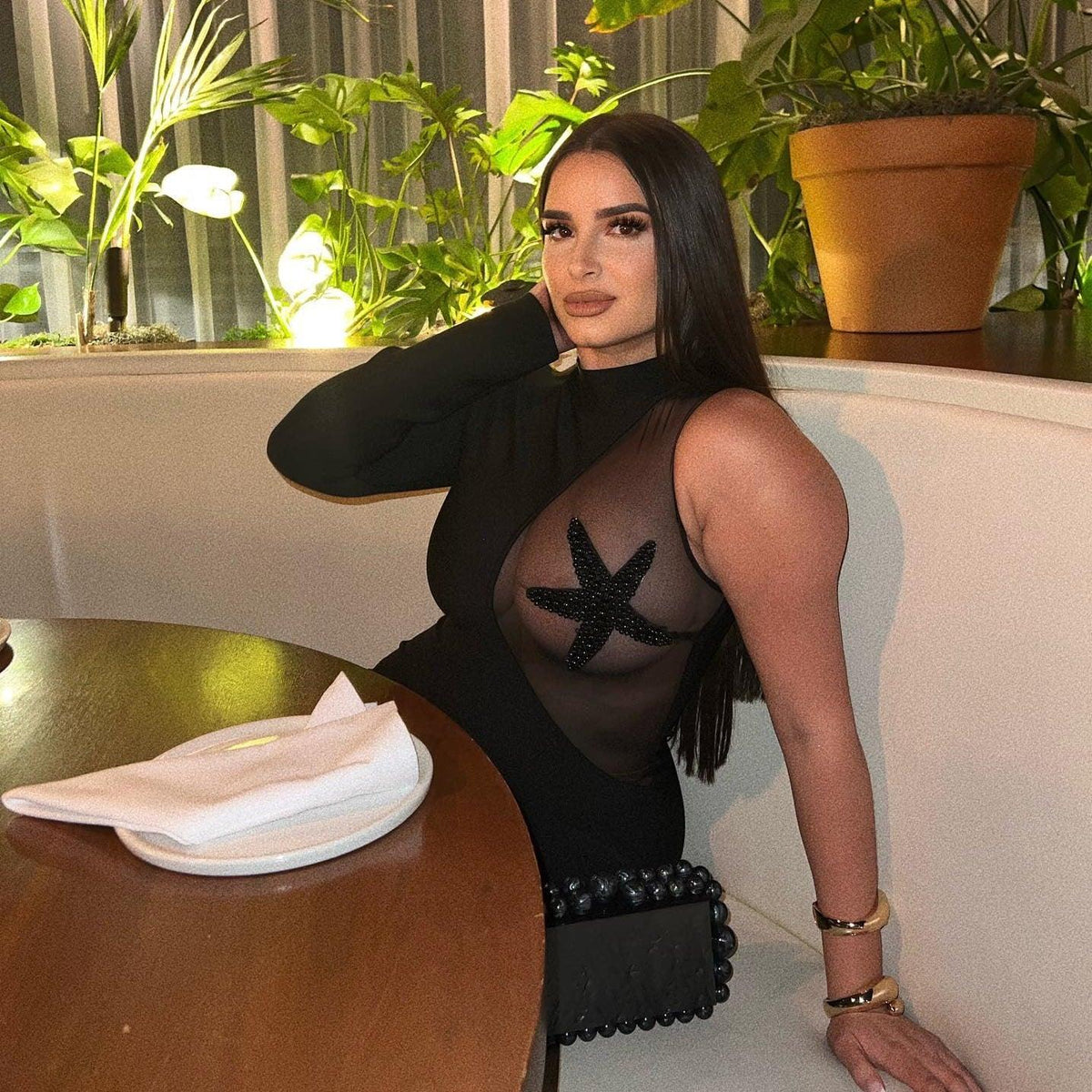 One Shoulder Long Sleeve Starfish Mesh Panel Bodycon Mini Dress - View 10
