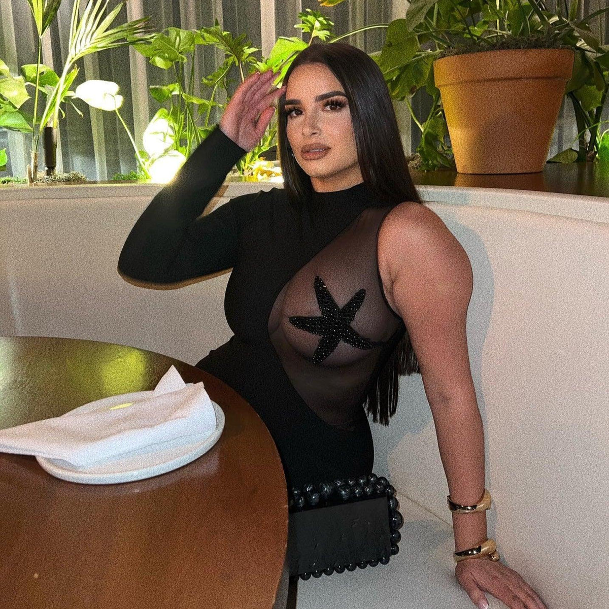 One Shoulder Long Sleeve Starfish Mesh Panel Bodycon Mini Dress - View 9