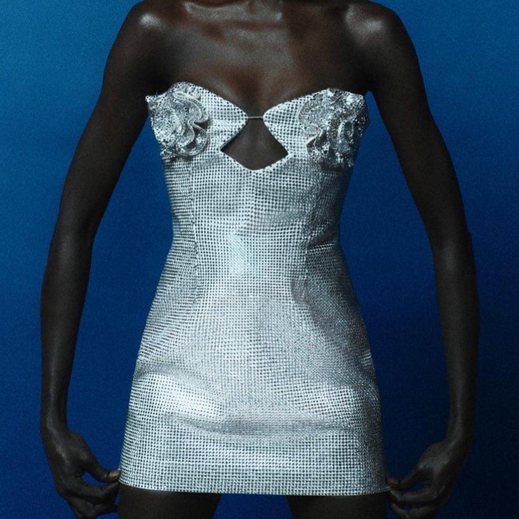 Strapless Rhinestone 3D Rose Applique Cut Out Bodycon Mini Dress - View 2