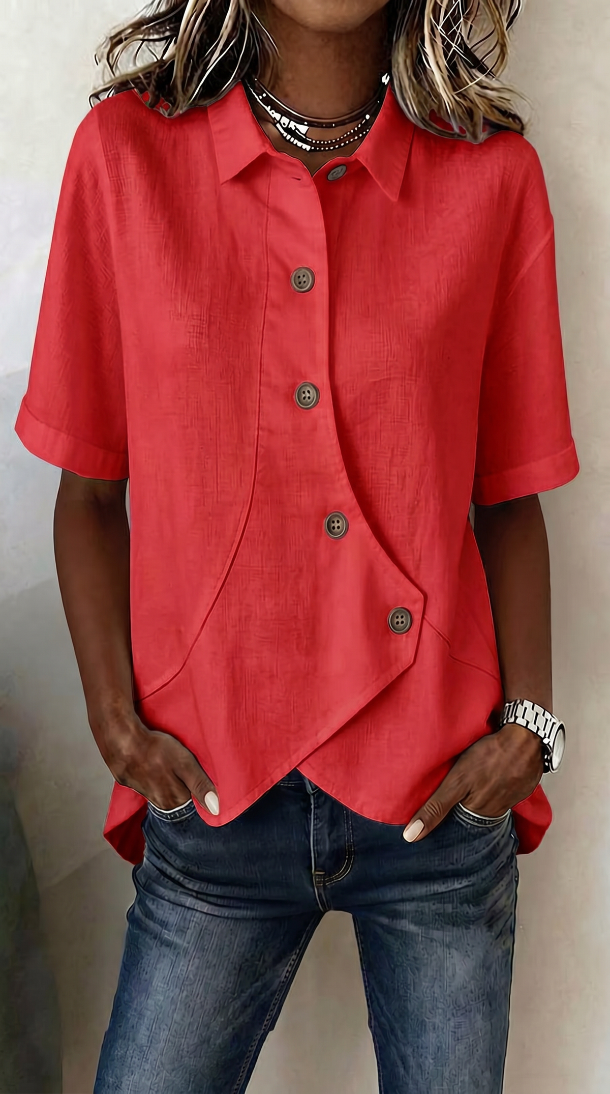 Asymmetric Button Front Collared Short Sleeve Linen Blouse 3