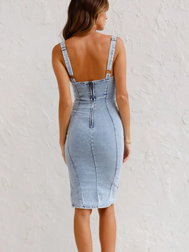 Denim Corset Bustier Front Zip Spaghetti Strap Mini Dress - View 2