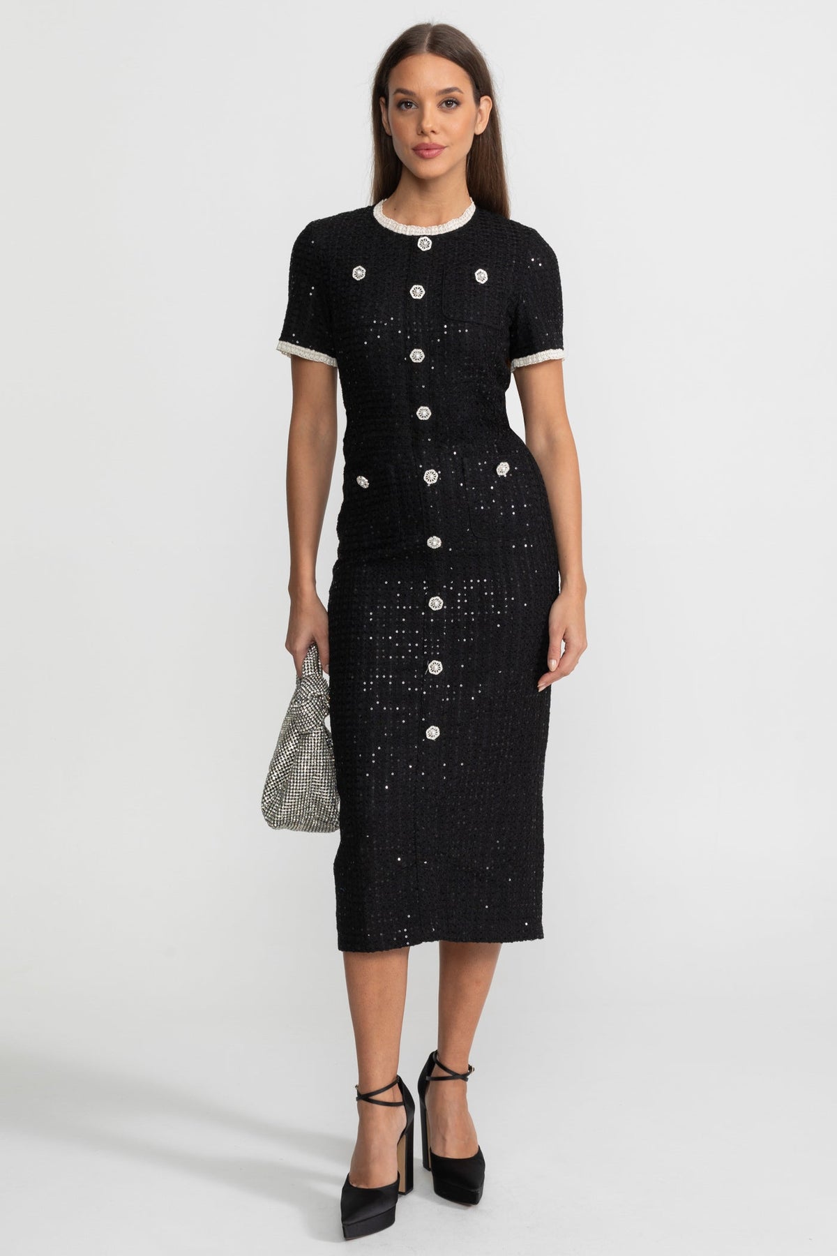 Sequin Midi Dress With Crystal Buttons and Lace Trim – Black