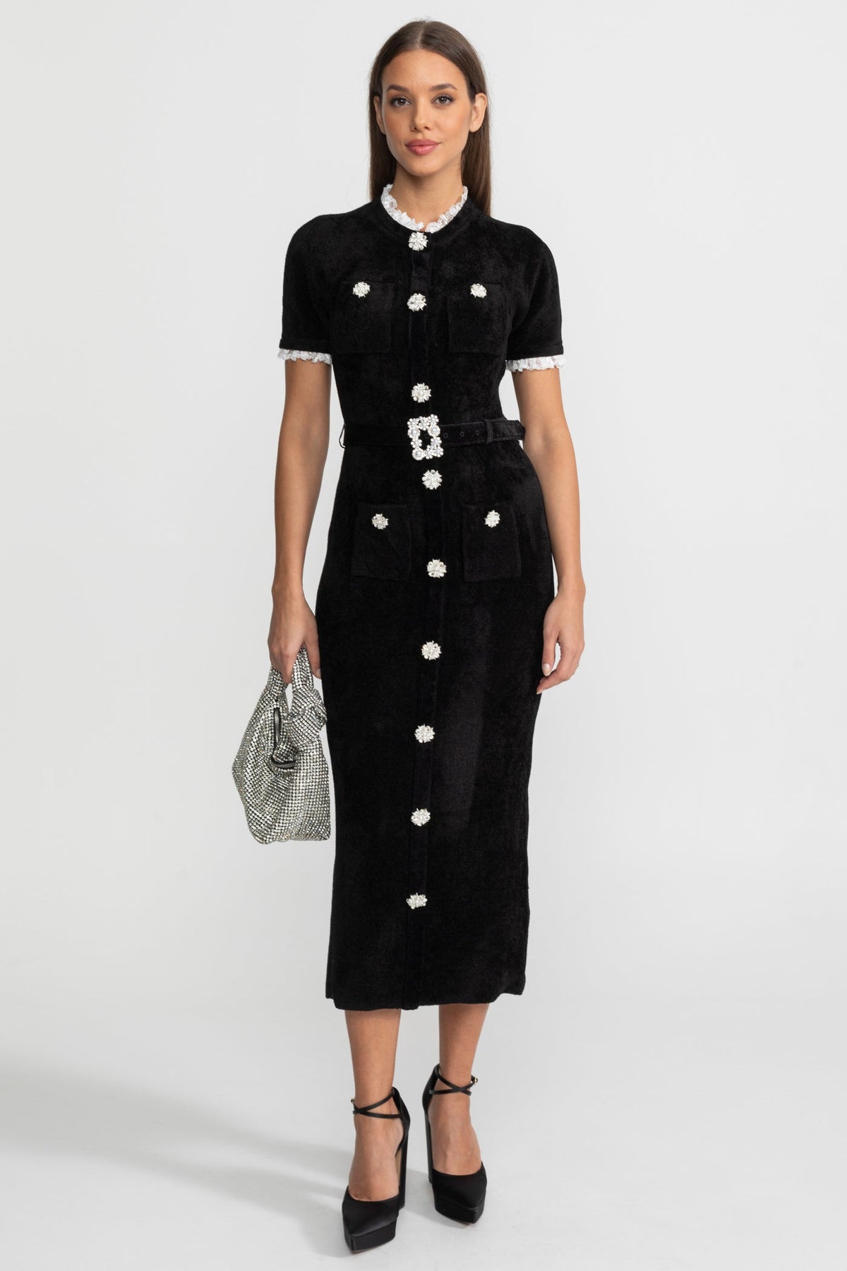 Elegant Midi Dress With Crystal Buttons and Lace Trim – Black