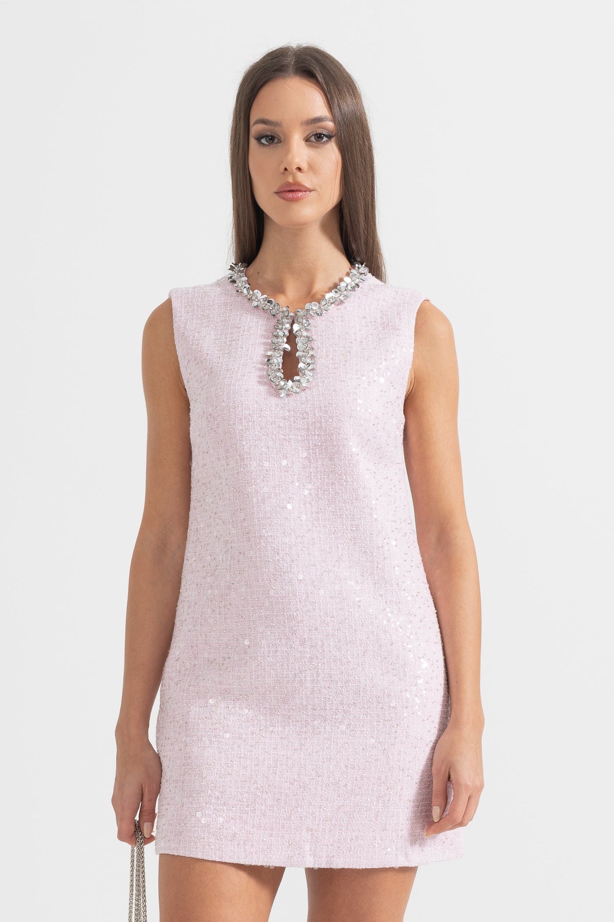 Rhinestone Keyhole Neck Sequin Tweed Sleeveless Shift Mini Dress