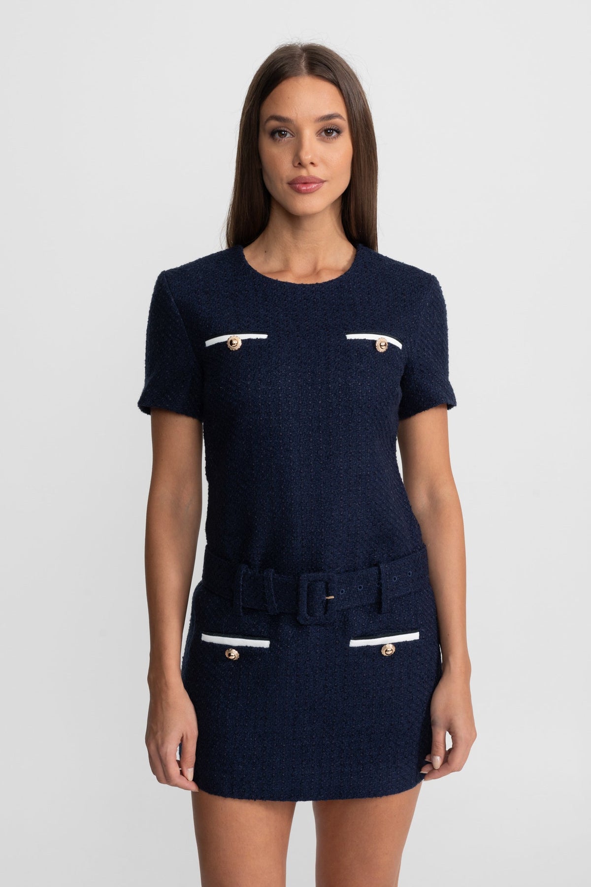 Short Sleeve Tweed Belted Contrast Trim Metallic Mini Dress - View 2