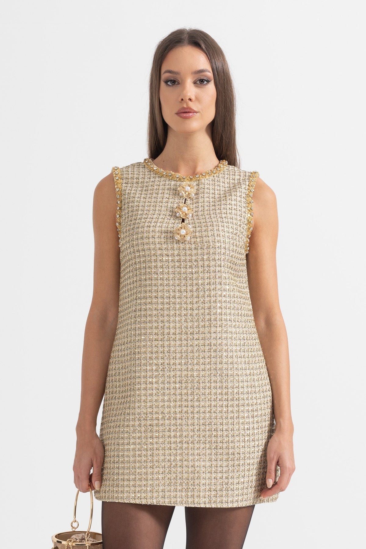 Tweed Sleeveless Crystal Braid Trim Flower Button Shift Mini Dress