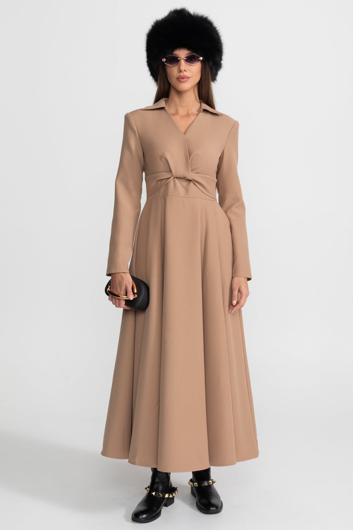 Long Sleeve Deep V Collar Twisted Knotted Waist A-Line Maxi Dress - View 3